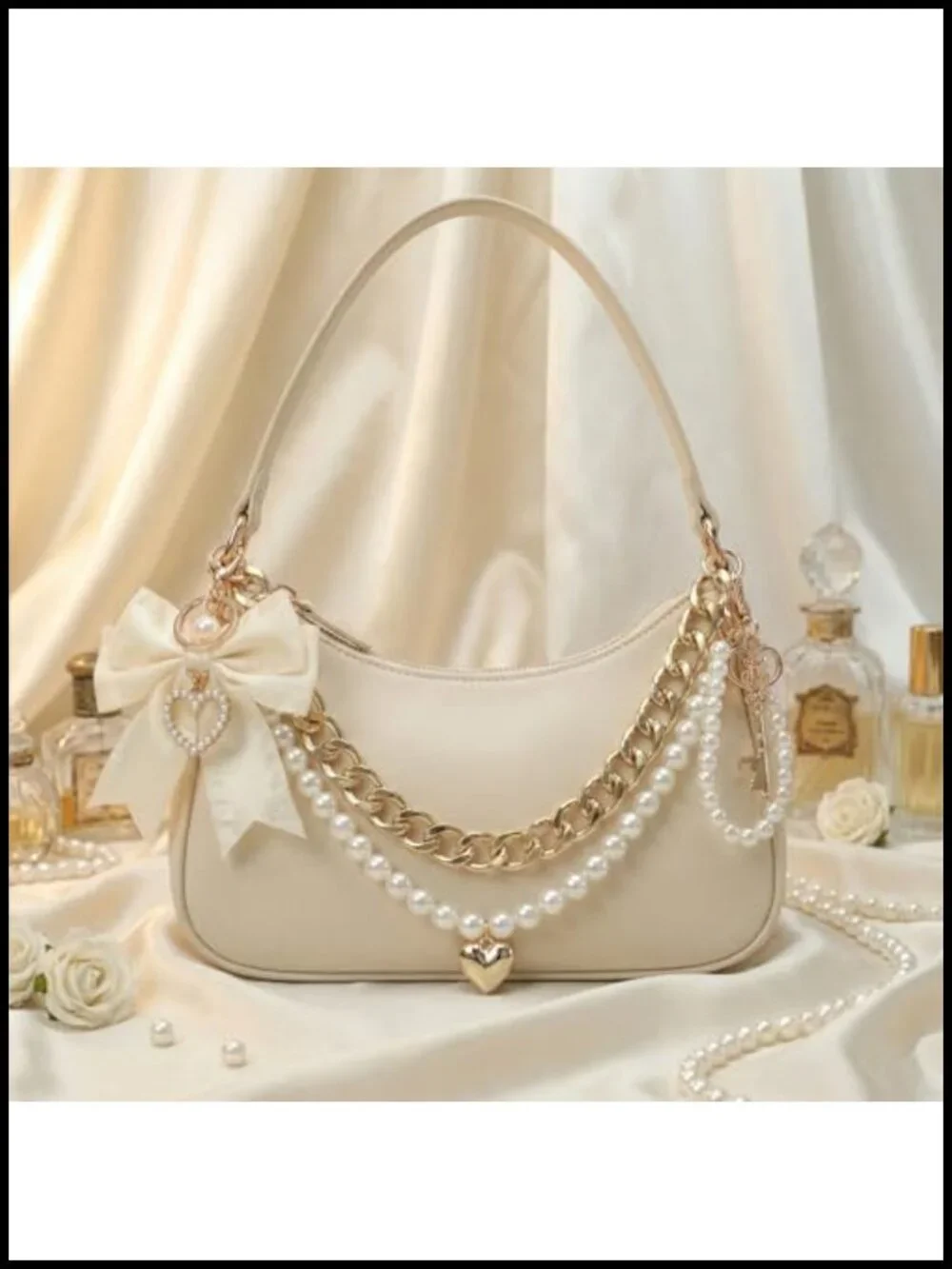 4 in 1 Bag Charms Set - Pearl Keychain Gold Chain Charm Handbag Purse